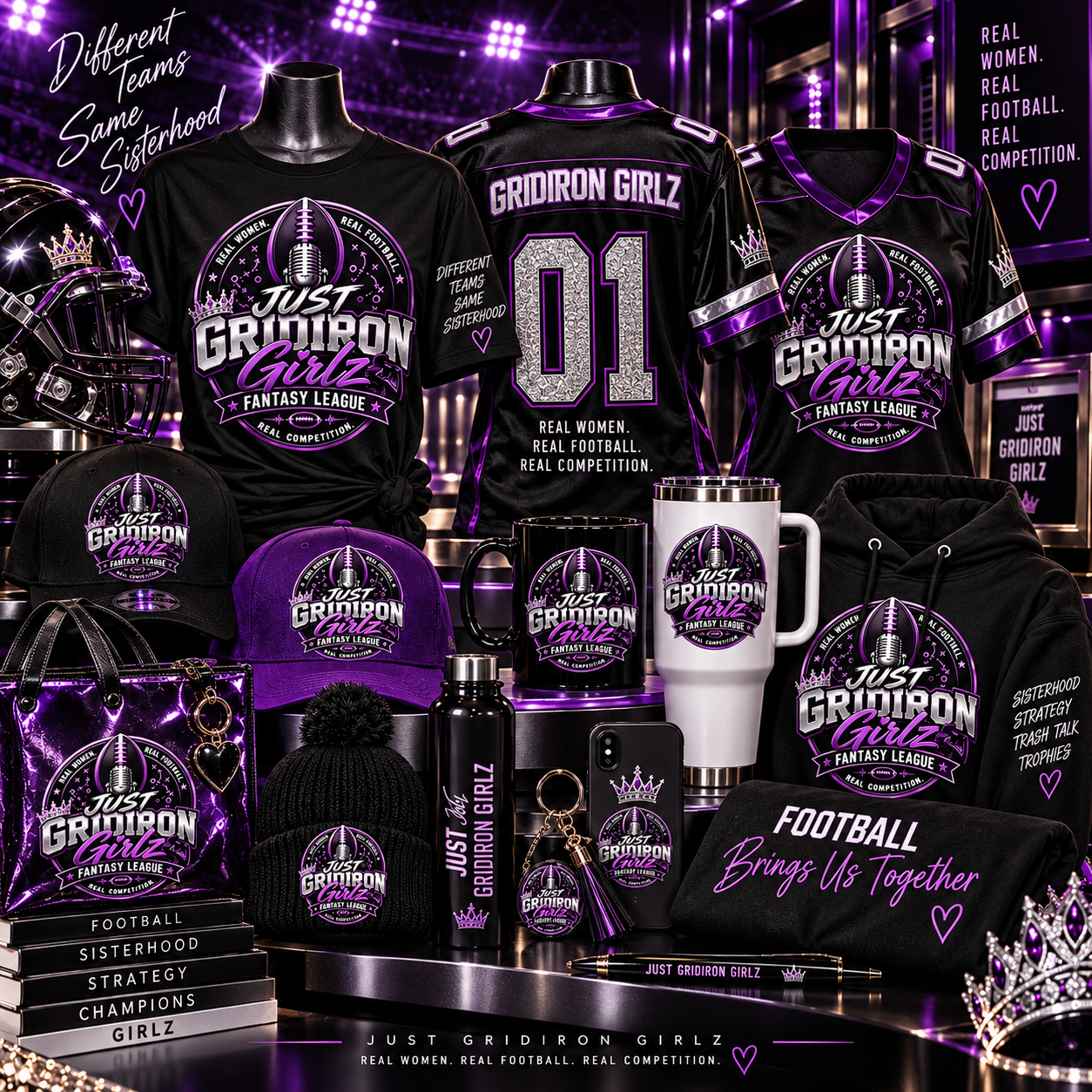 Just Gridiron Girlz merchandise collection including jerseys, hats, mugs, tumblers, bags and accessories in black, purple and gold