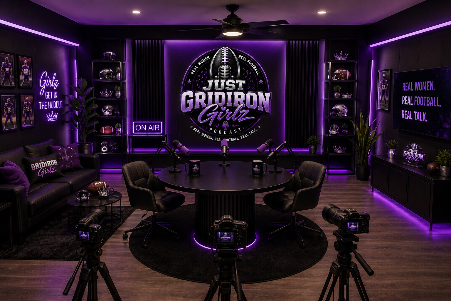 Just Gridiron Girlz podcast studio with purple lighting, microphones, cameras and brand decor