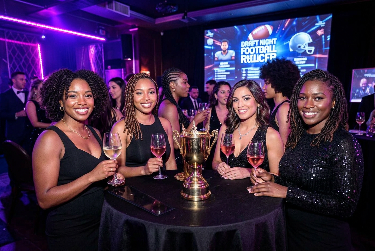 Women celebrating at a fantasy football draft night