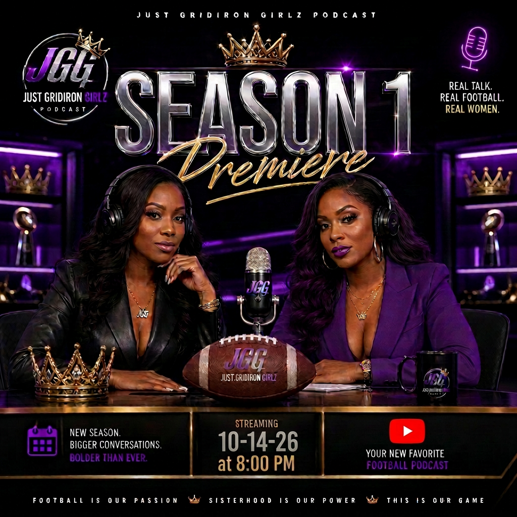 Just Gridiron Girlz Season 1 premiere promotional graphic with two hosts in a purple-lit podcast studio