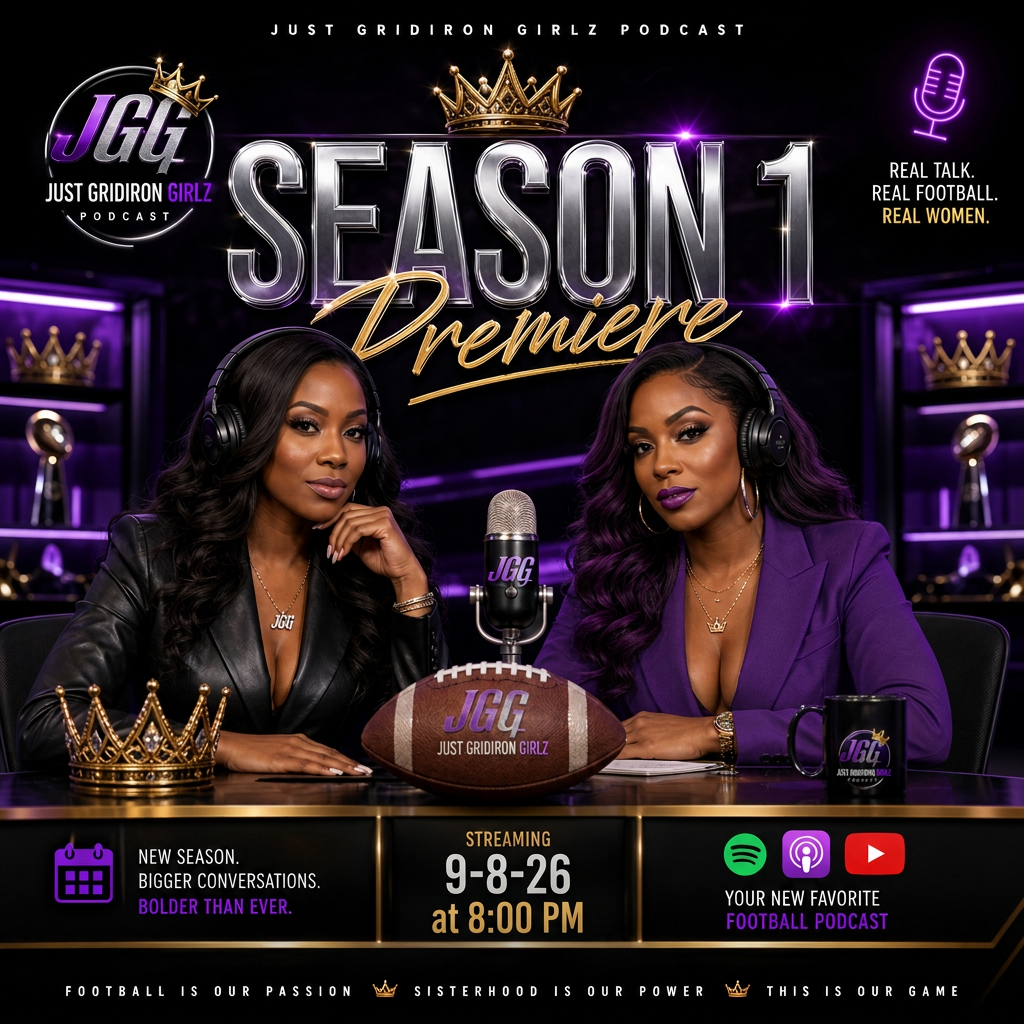 Just Gridiron Girlz Season 1 premiere promotional graphic with two hosts in a purple-lit podcast studio
